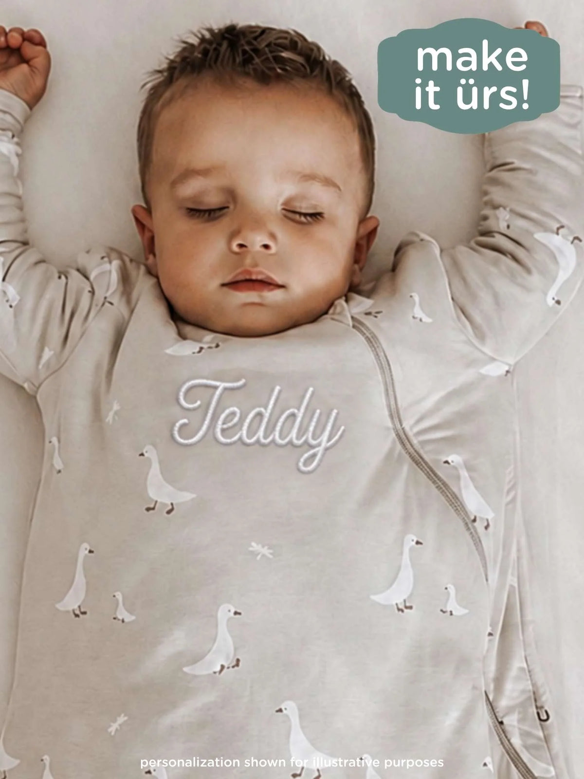Goose-print long sleeve sleep sack with front zipper and personalization text 'Teddy'