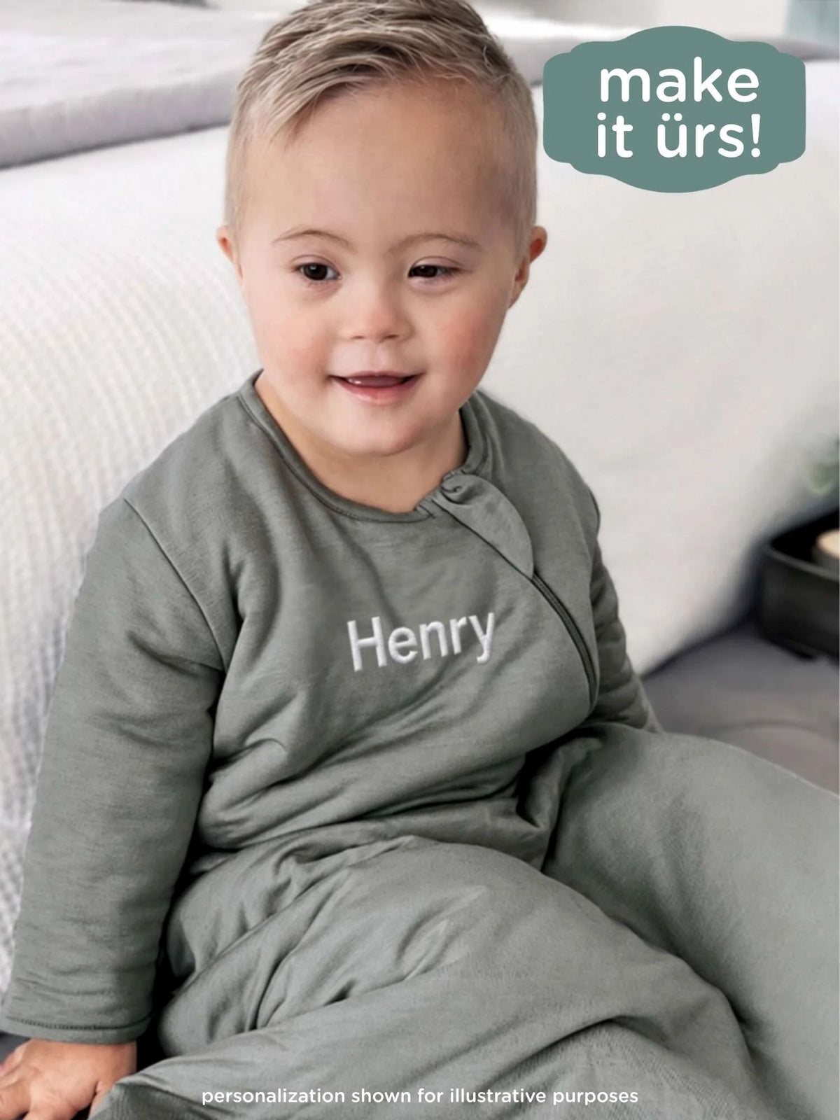 Sage green long-sleeve sleep sack with front zipper and 'Henry' name print