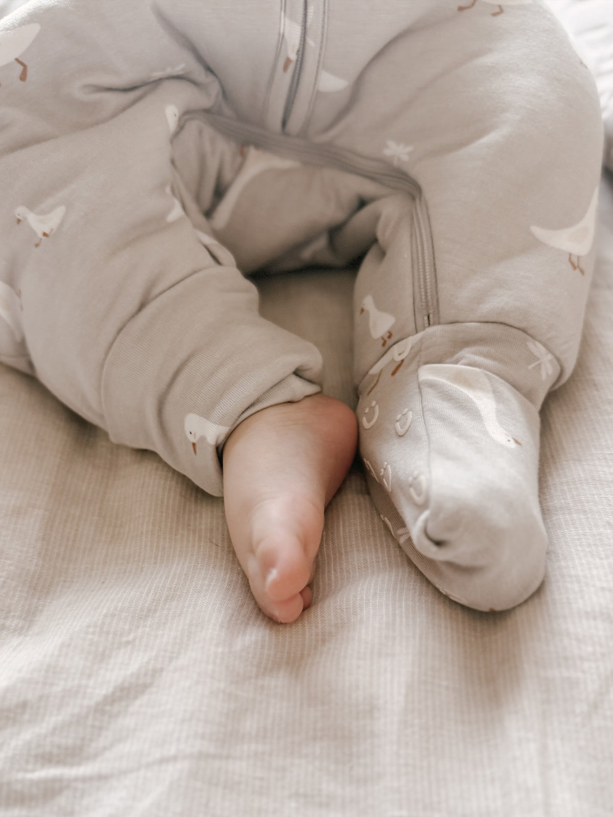 Footie sleep sack with goose print, long sleeves, baby feet visible, 1.0 TOG