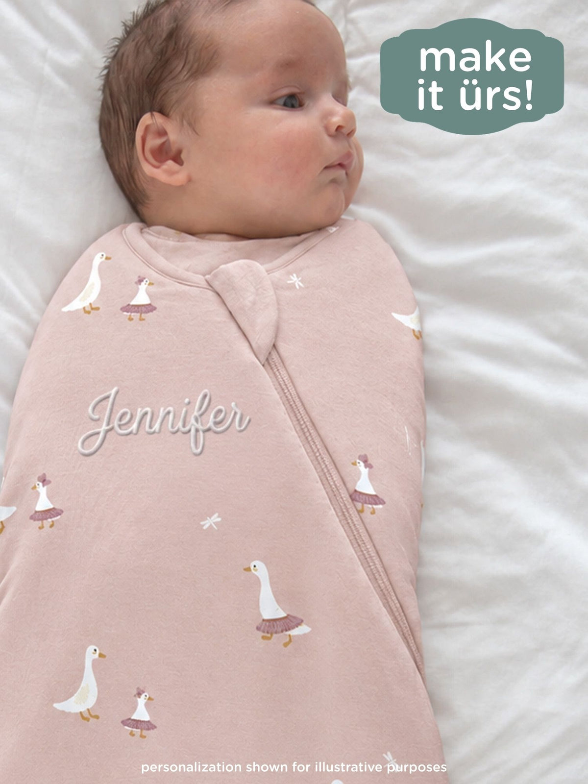 Pink swaddle sleep sack with goose print and front zip, fitted hood, 1.0 TOG