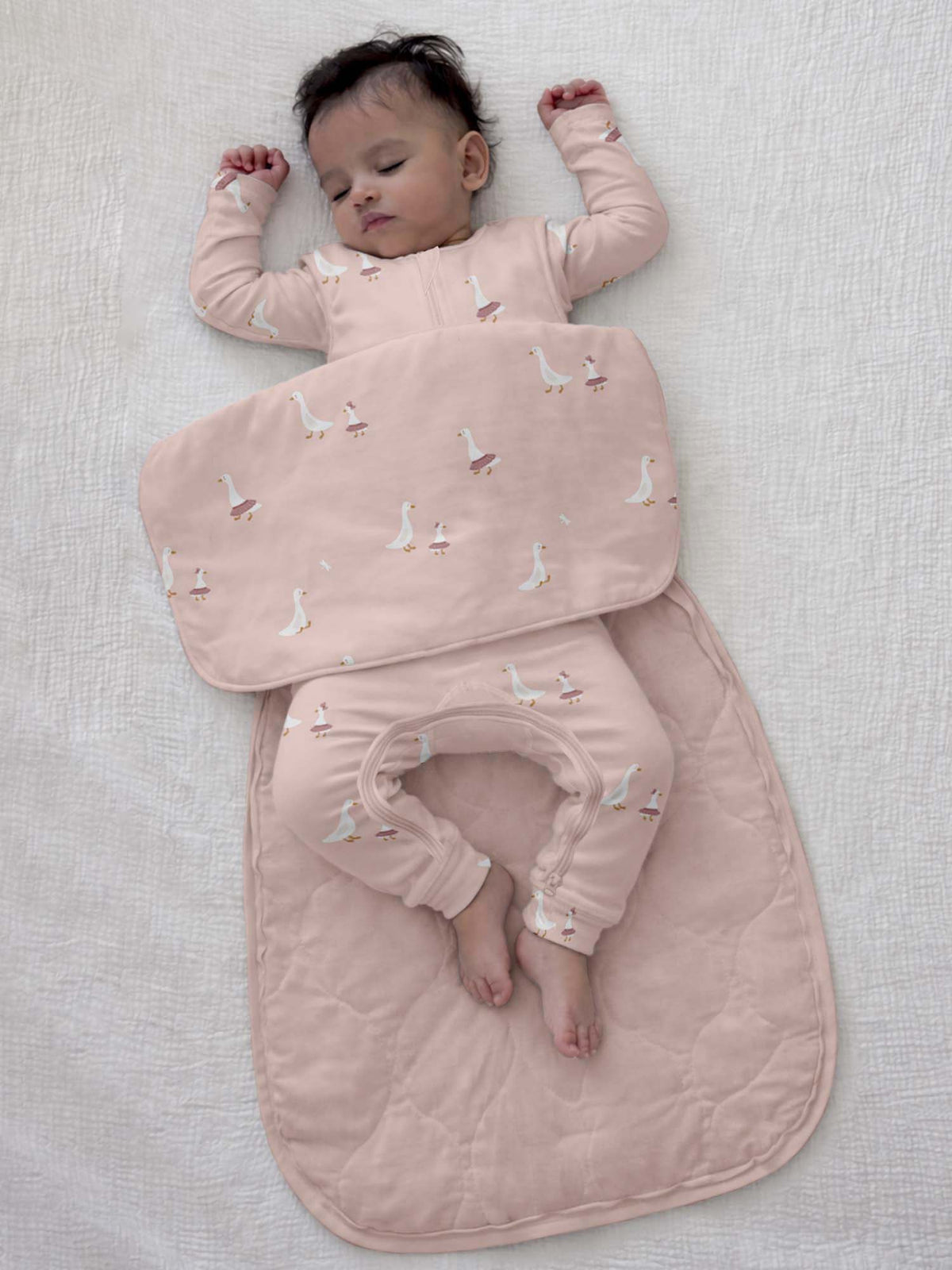 1.0 TOG Tutu Goose swaddle sleep sack, pink goose-print, open wrap with zip