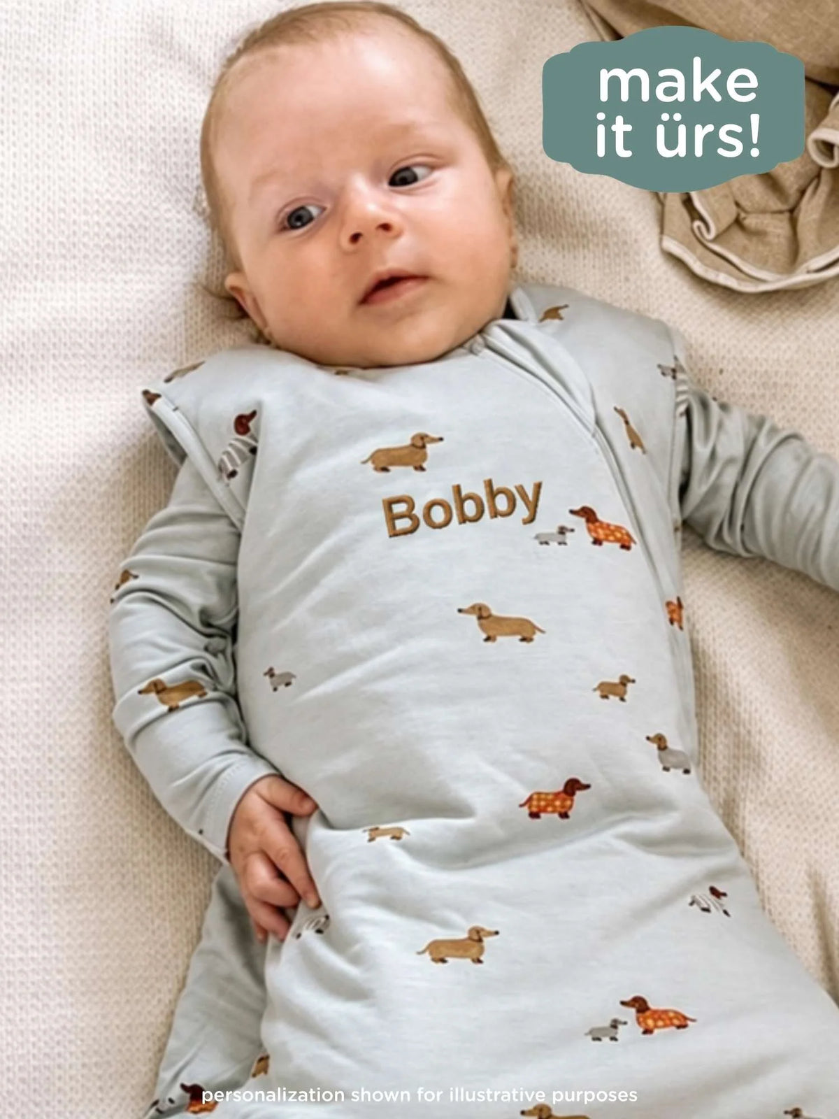 Transitional sleep sack in light gray with dachshund pattern, baby's name patch