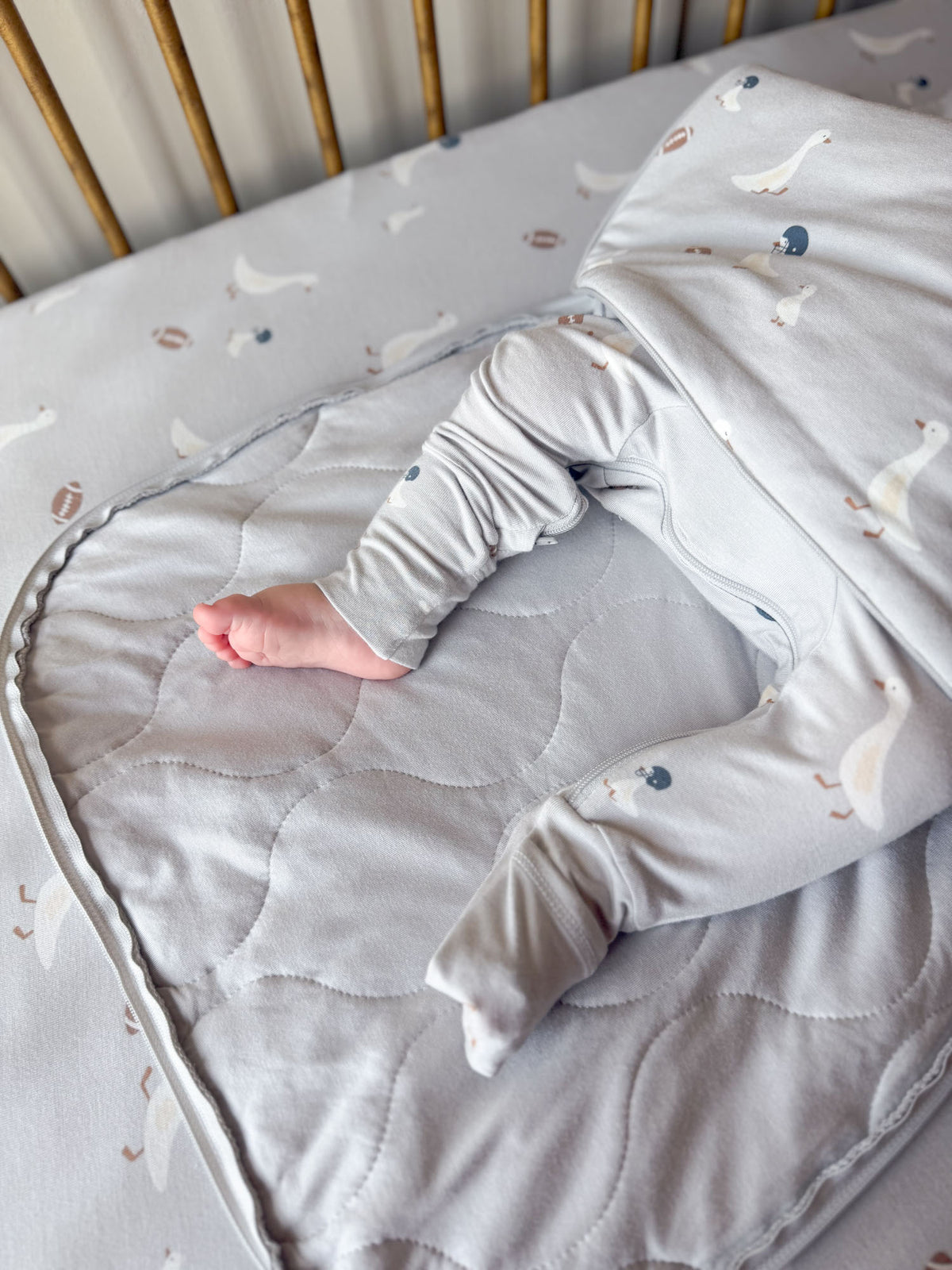 Light gray long-sleeve swaddle sack with bird/football print, zip front and cuffed sleeves