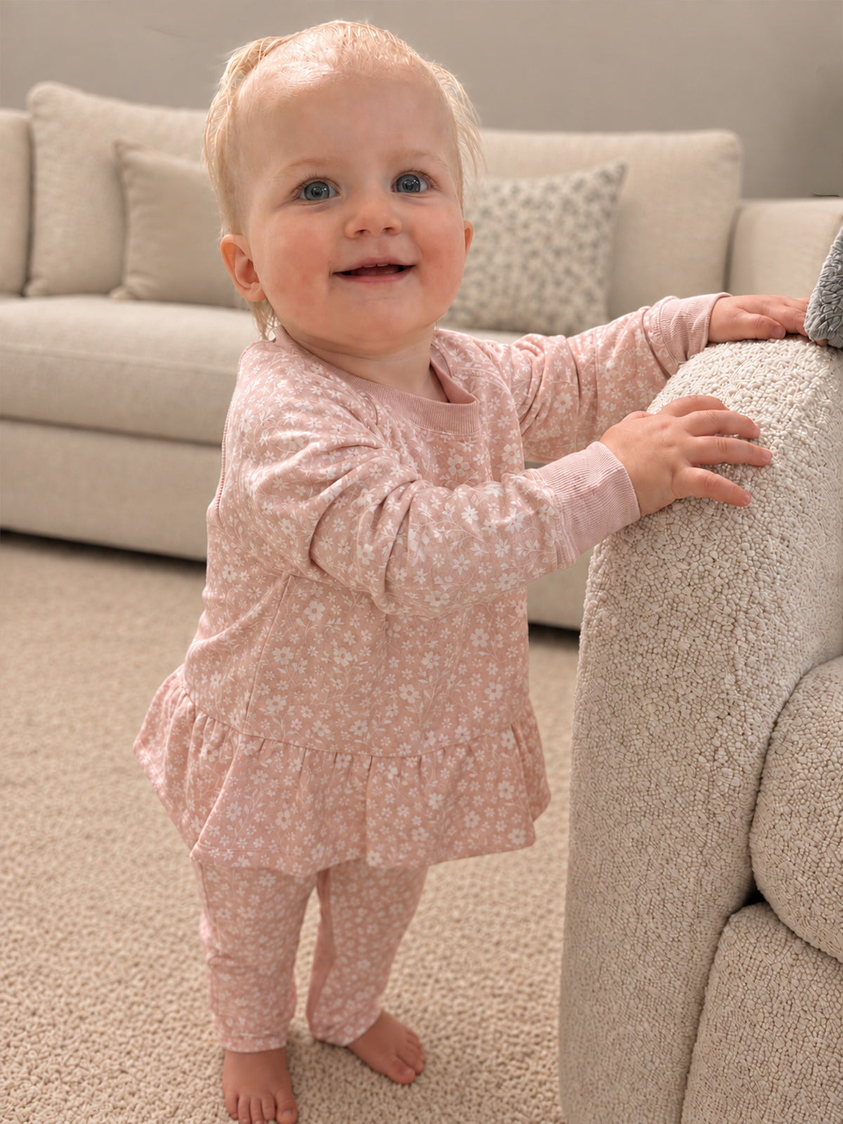 Light pink floral fleece ruffled top and matching sweatpants set