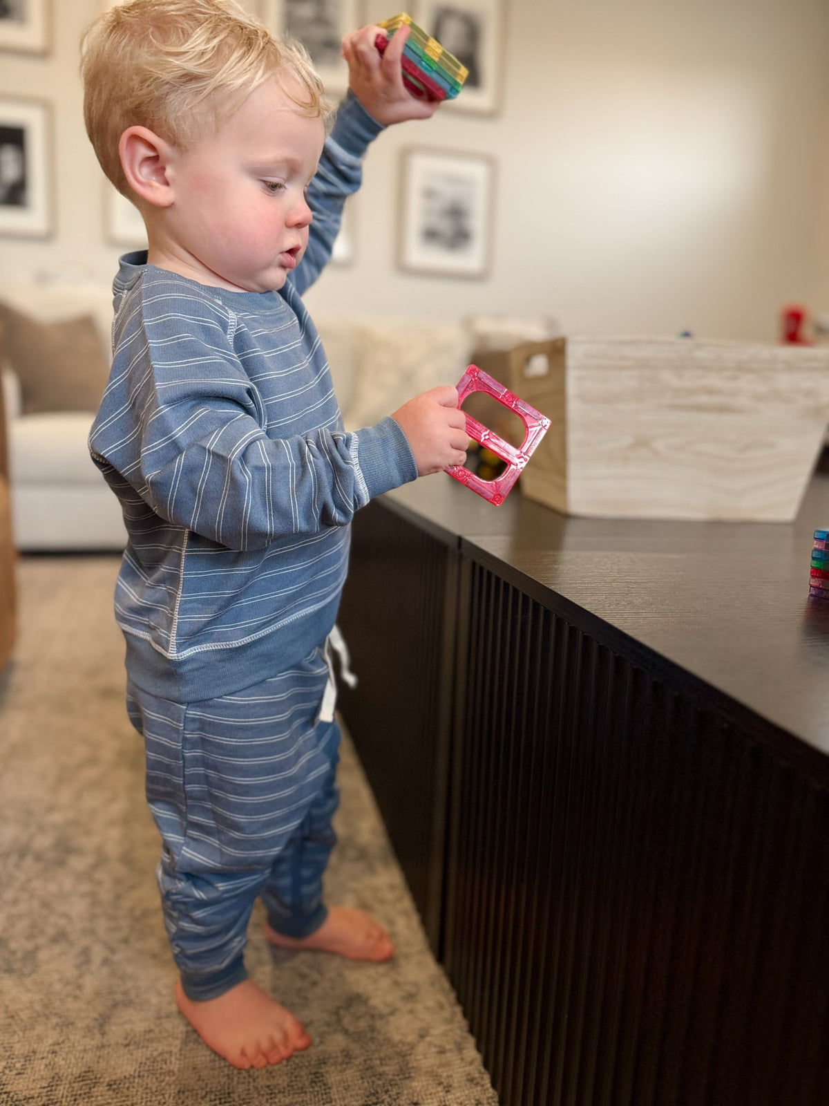 Kids blue striped fleece sweatsuit with hoodie and matching joggers, full view