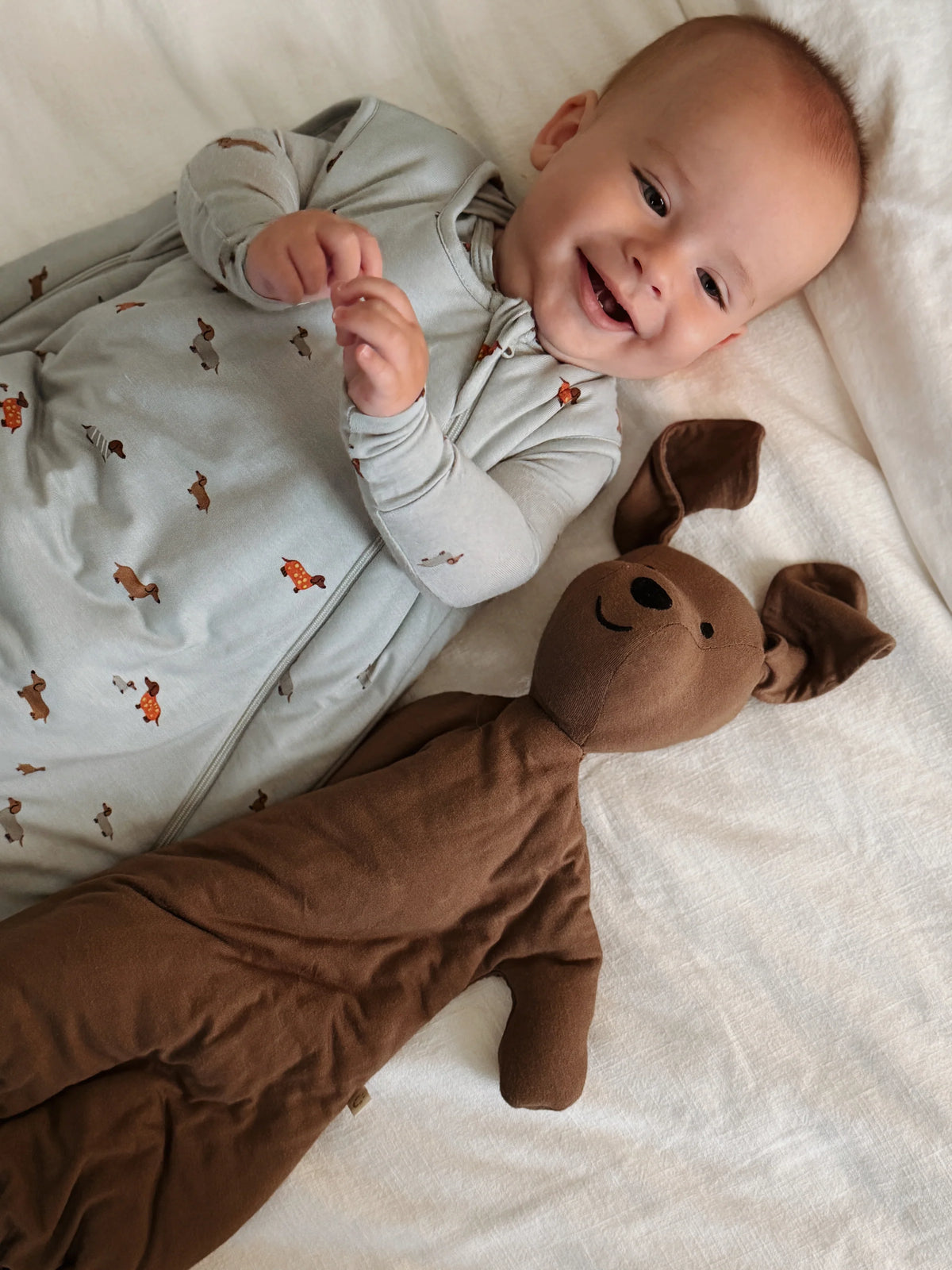 Light blue dachshund-print sleep sack with zip-front and enclosed feet