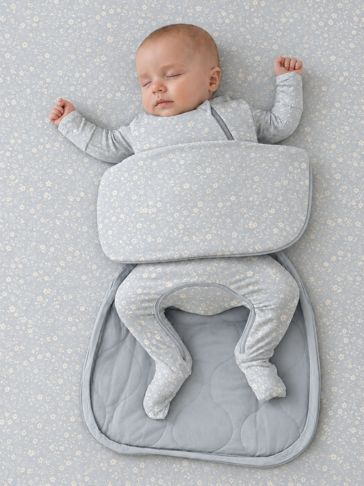 Light blue floral swaddle sleep sack with zip front and roomy leg openings