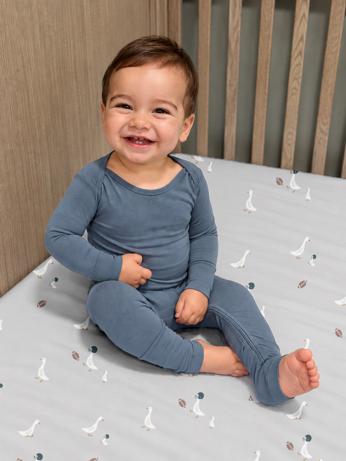 Hush blue convertible pajama with long sleeves and attached legs