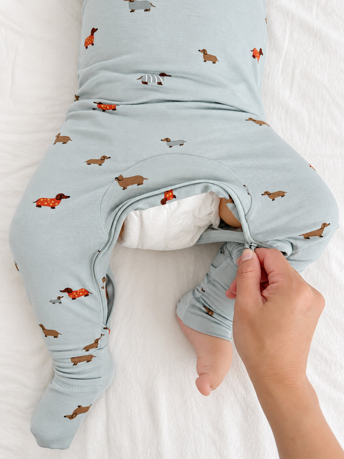 Light blue convertible pajama legs with fold-over openings and dachshund print