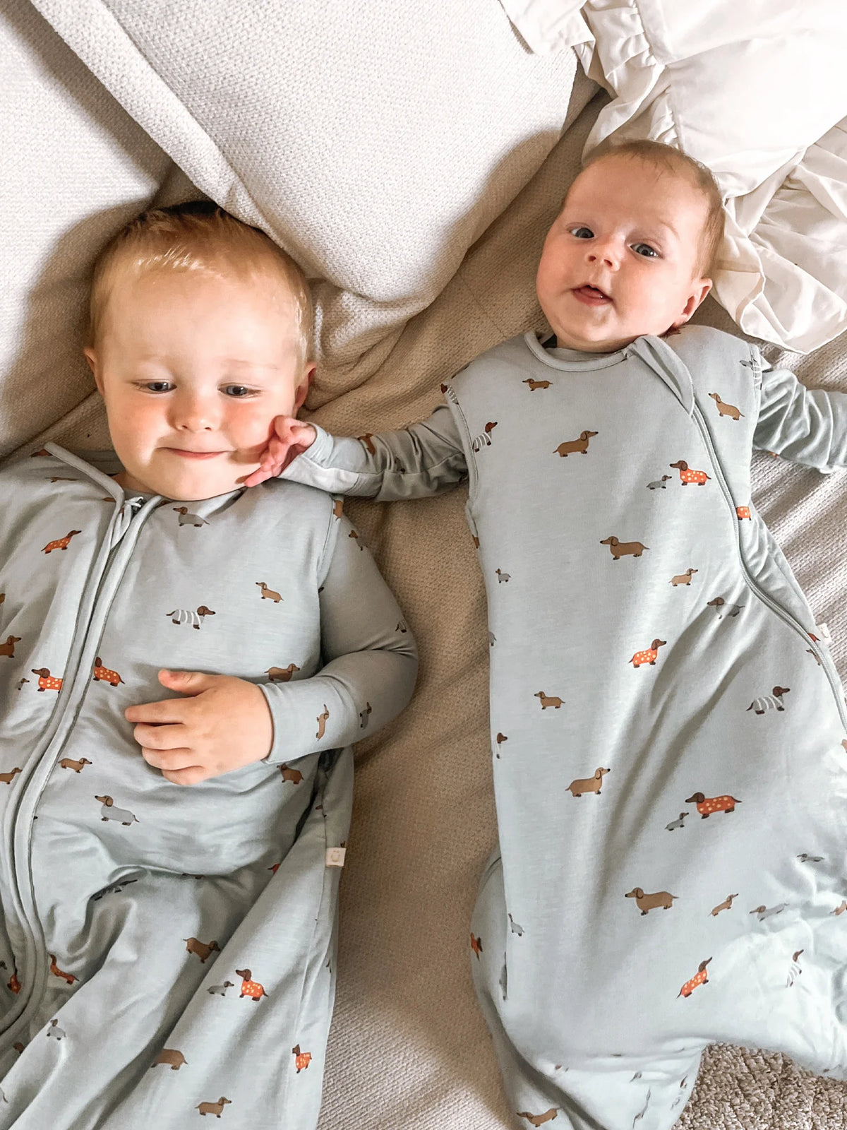 Light blue dachshund-print sleep sack with zip-front and long sleeves