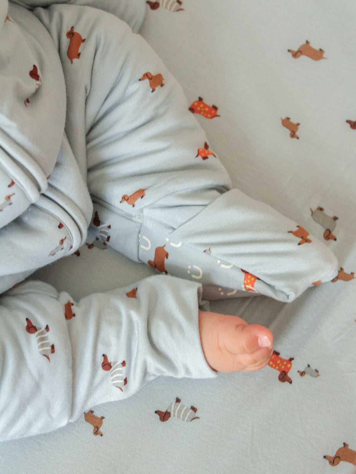 Long-sleeve footie sleep sack with dachshund print, close-up of cuff and covered foot