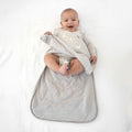 1.0 TOG goose print sleep sack, light gray; baby centered holding arms inside