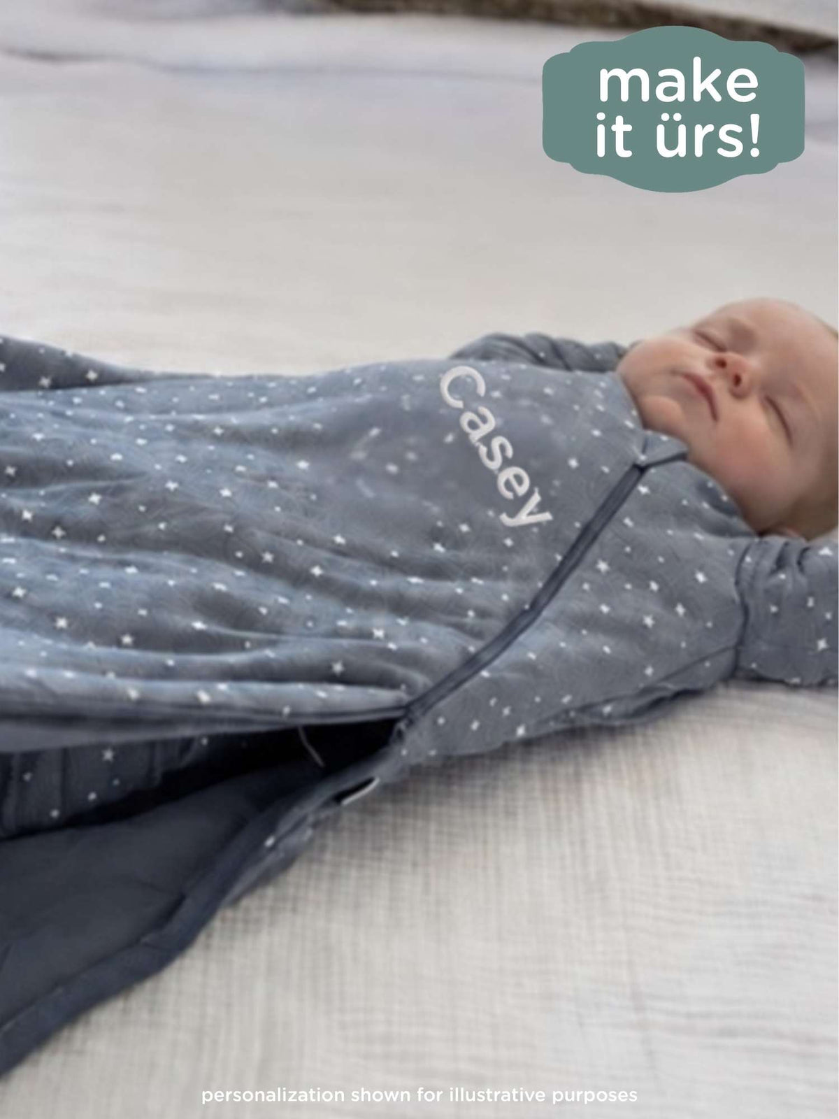 Gray long-sleeve sleep sack with tiny white dot pattern and zip front