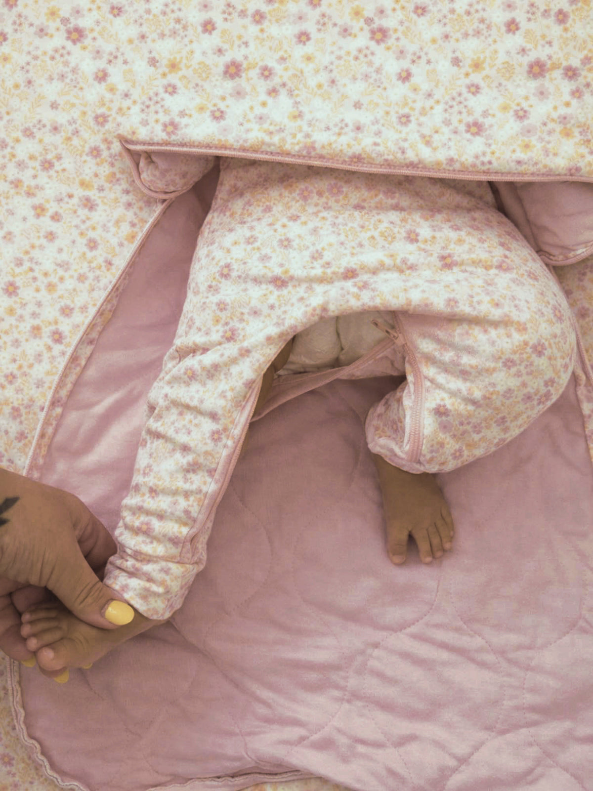 Floral swaddle sleep sack with long sleeves and pink padded interior, 1.0 TOG