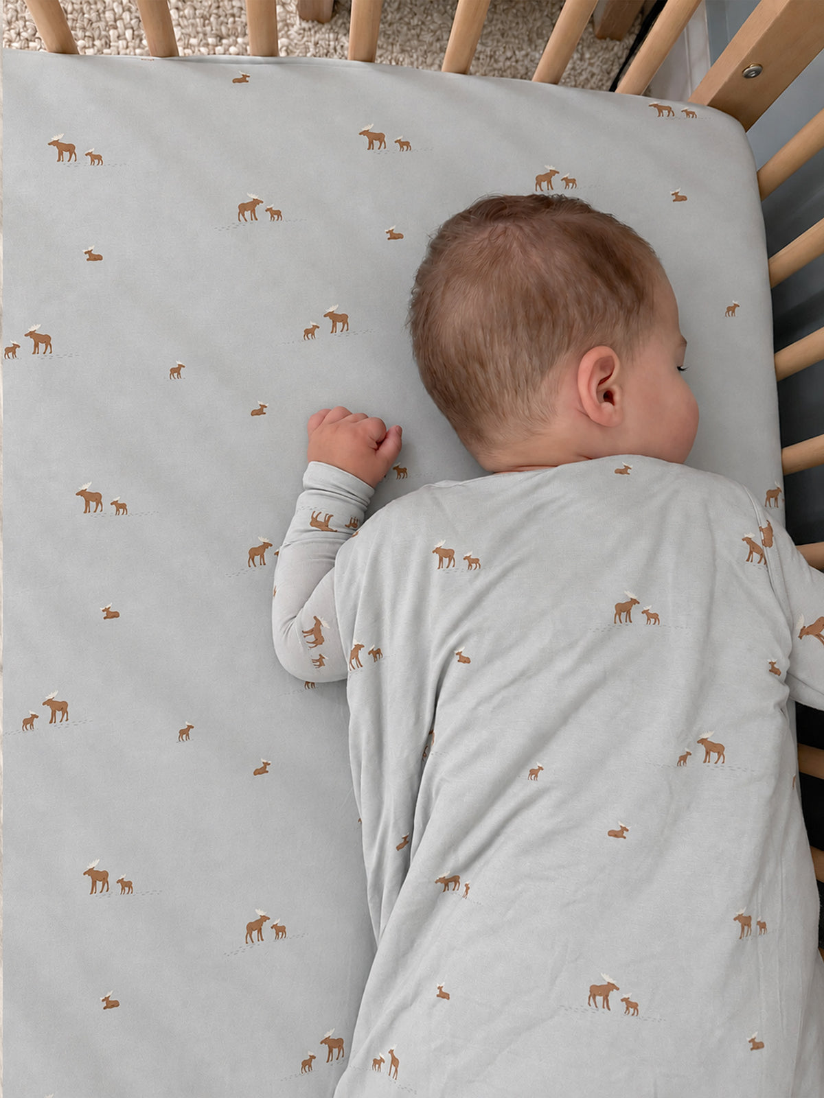 Light gray moose-print sleep sack, 2.5 TOG, zip-front with long sleeves