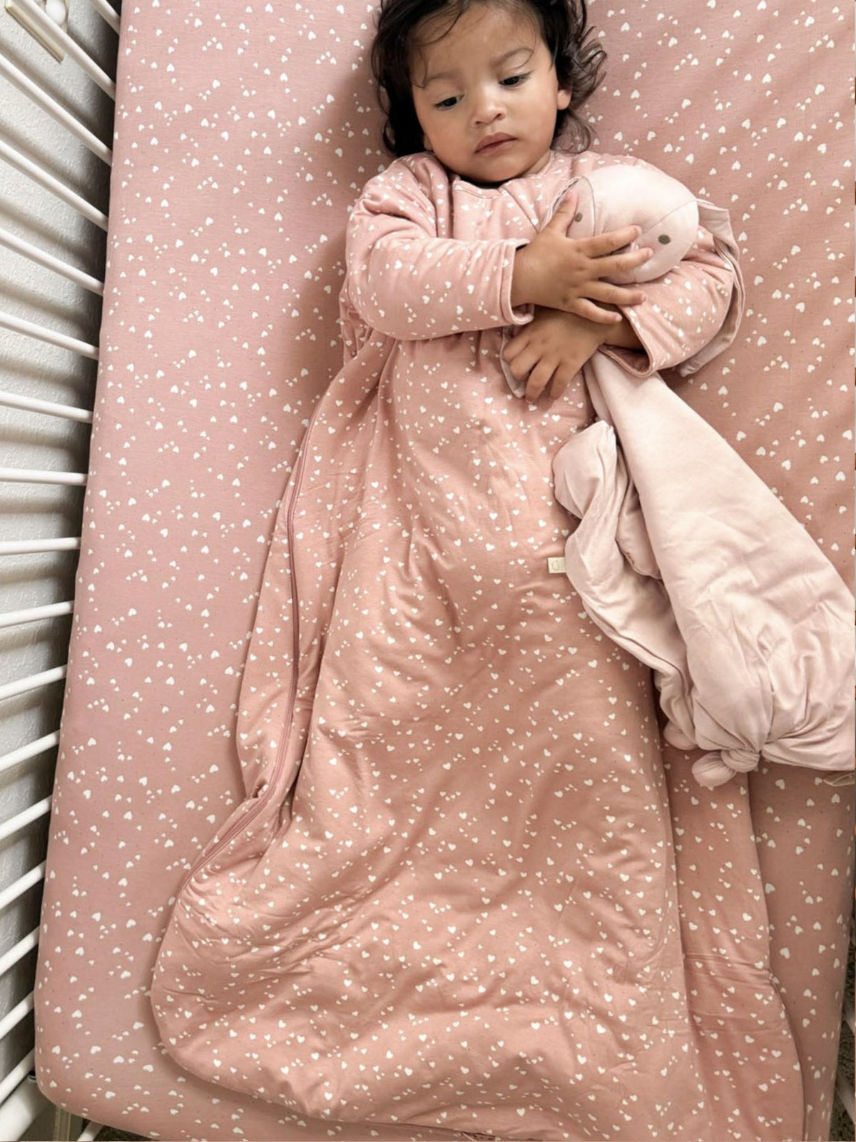 Pink long-sleeve sleep sack with heart print, cuffed sleeves, 2.5 TOG