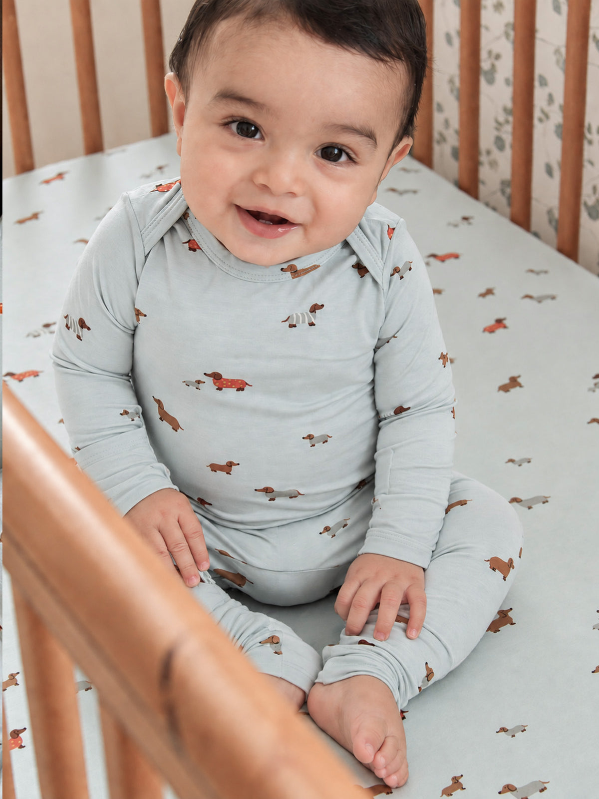 Light blue baby convertible pajamas with dachshund pattern and long sleeves