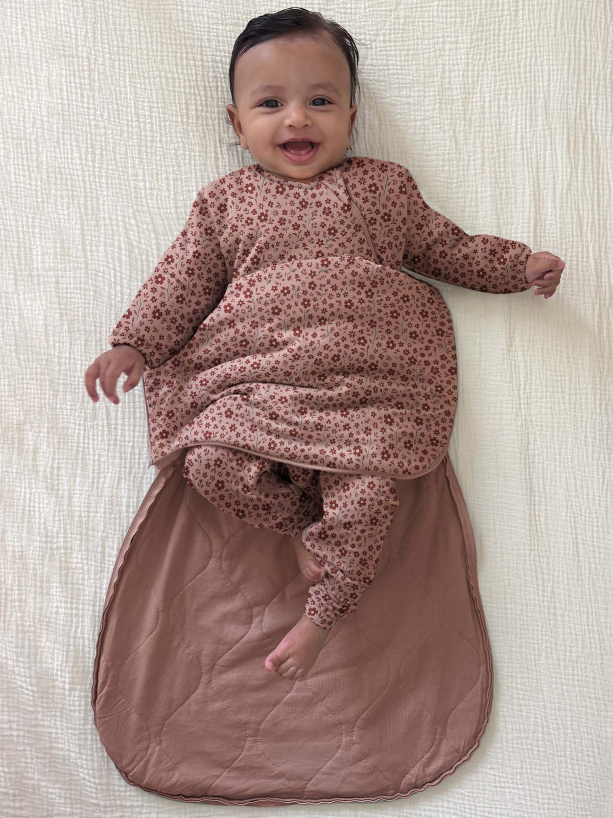 Long sleeve transitional swaddle sack, rose petal print with roomy sleeping bag body