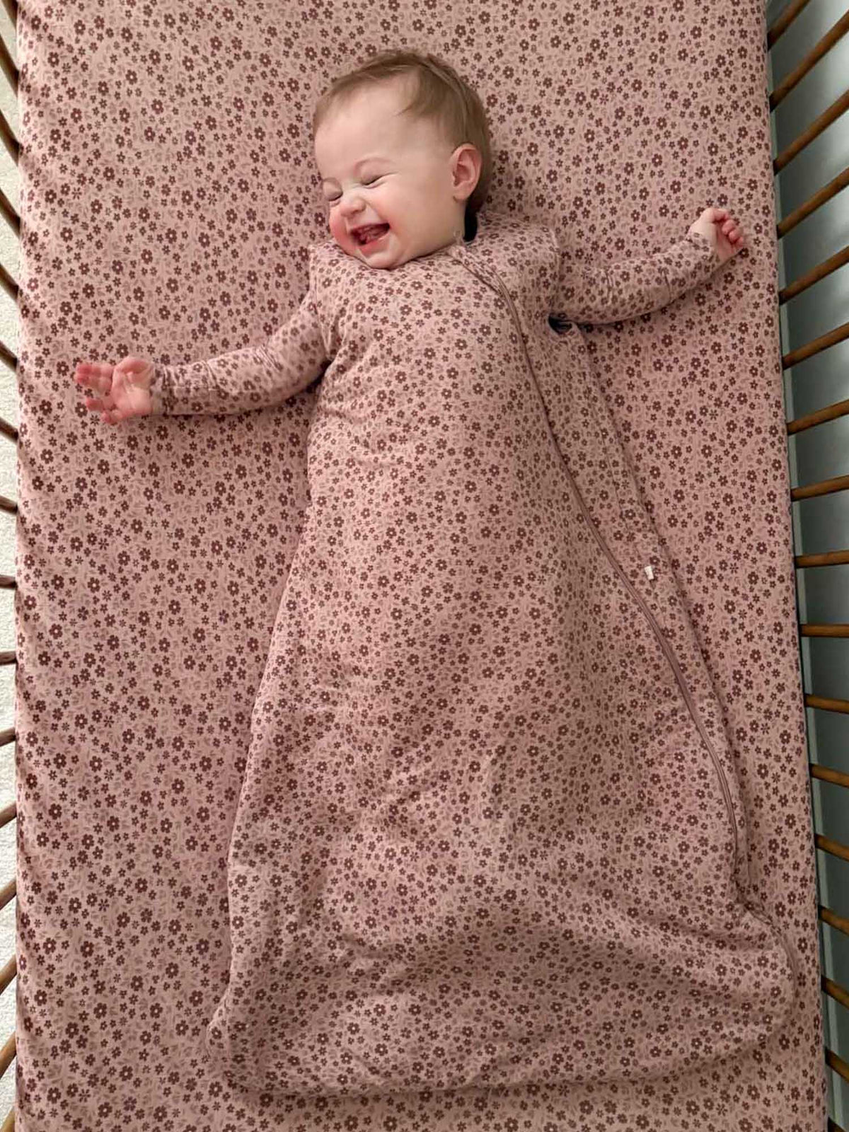 Baby sleep sack, rose floral print, zip-front, long sleeves, gathered bottom hem