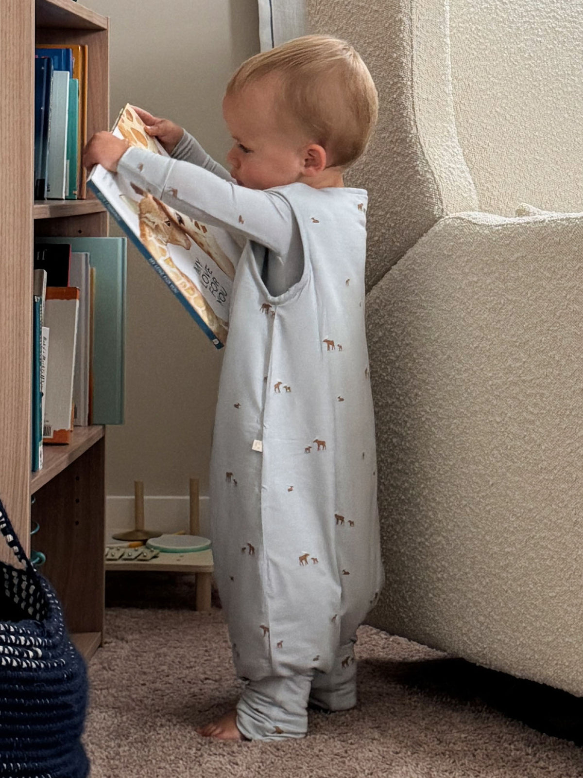 Moose-pattern footie sleep sack, full-length with long sleeves and front zipper