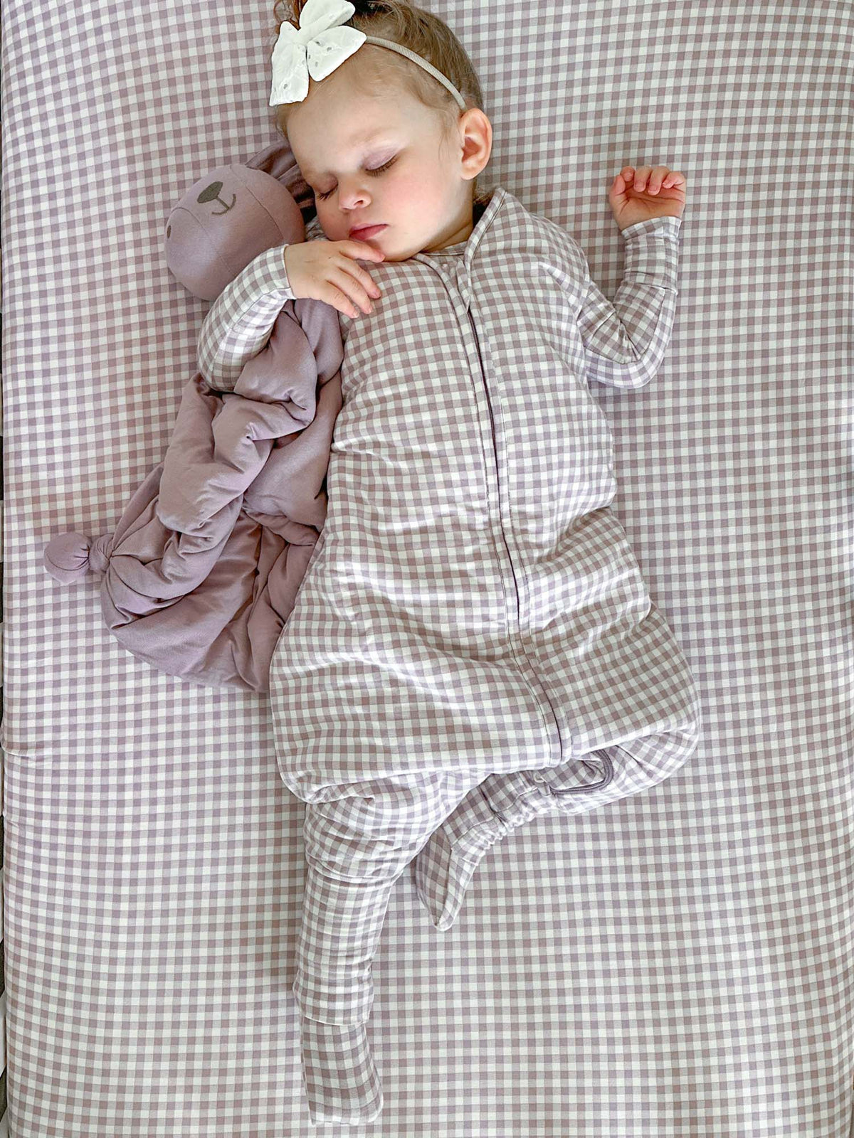 Gingham footie sleep sack with front zipper and foot openings, light taupe plaid