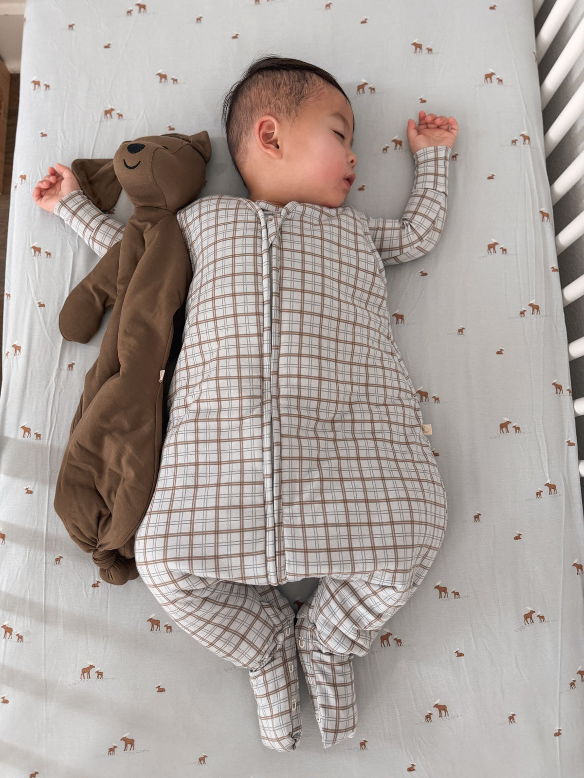 Cream plaid footie sleep sack with full-length zipper and animal-print lining, 2.5 TOG