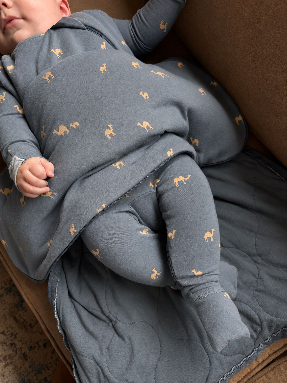1.0 TOG sleep sack in slate blue with camel print, wrap with arm openings