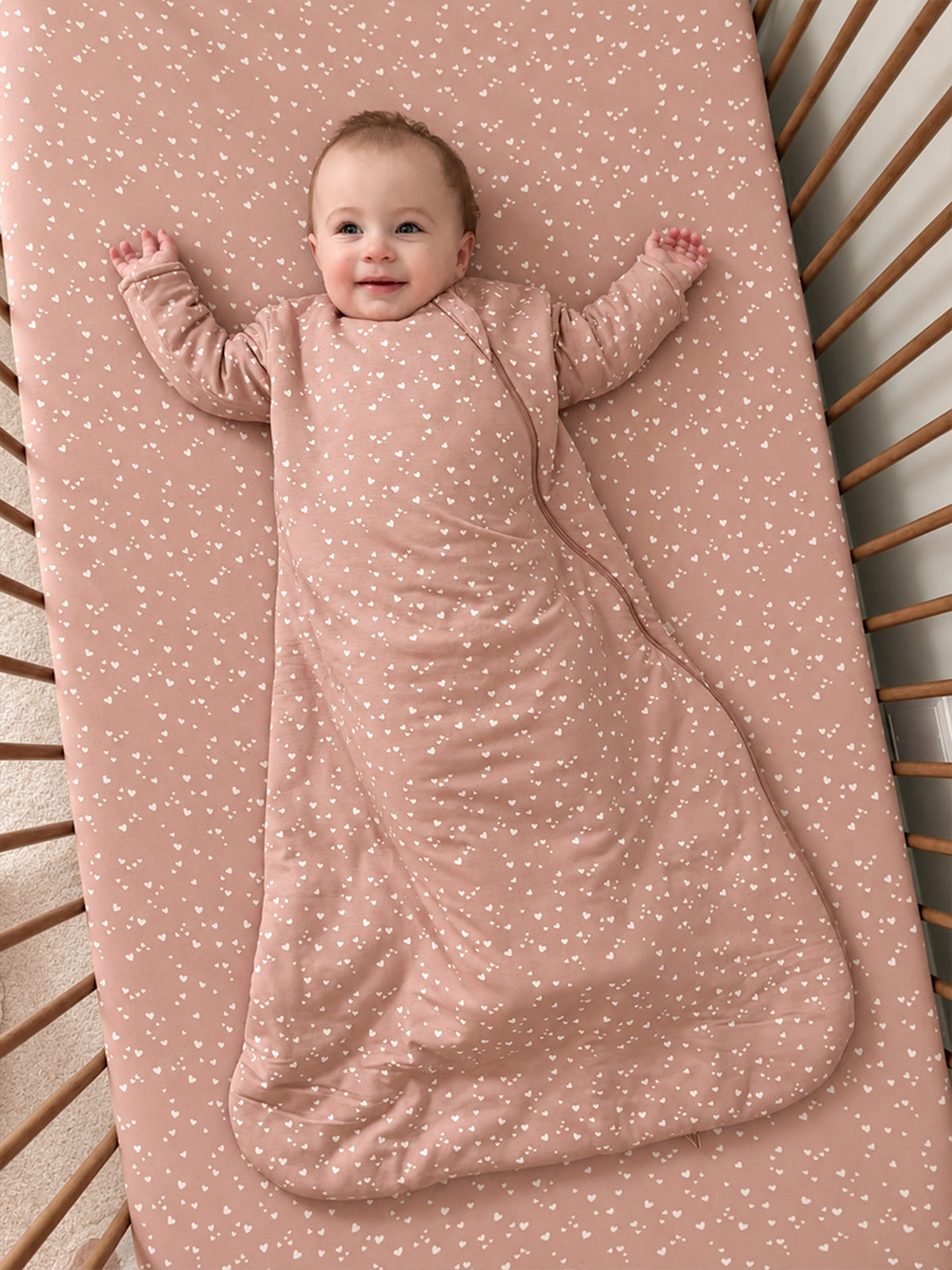 Long sleeve heart-print sleep sack, 1.0 TOG, pink with front zipper and foot coverage