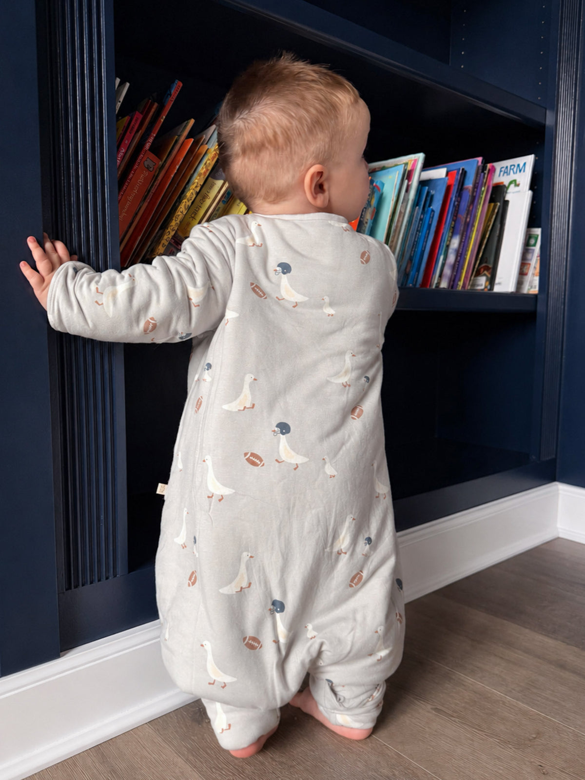 Kids long-sleeve footie sleep sack, goose and football print, rear view, zip front.