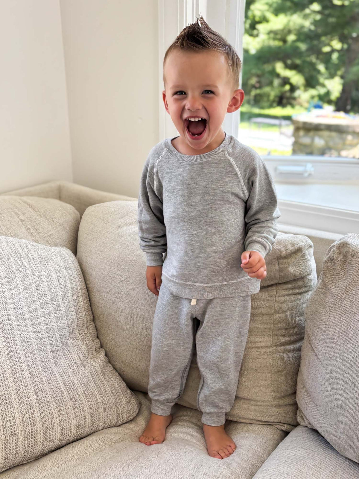 Heather grey fleece toddler sweatsuit, crew sweatshirt with matching joggers