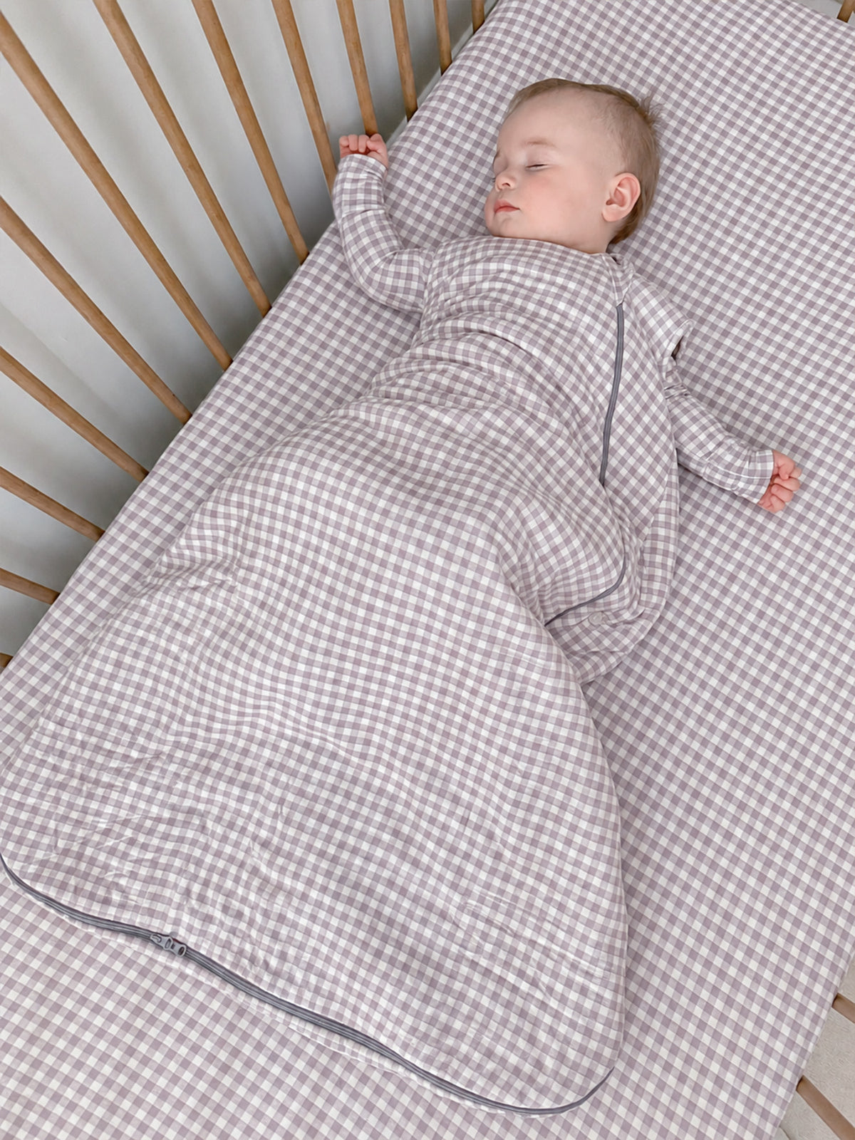 1.0 TOG gingham sleep sack with hooded neckline and full sack shape