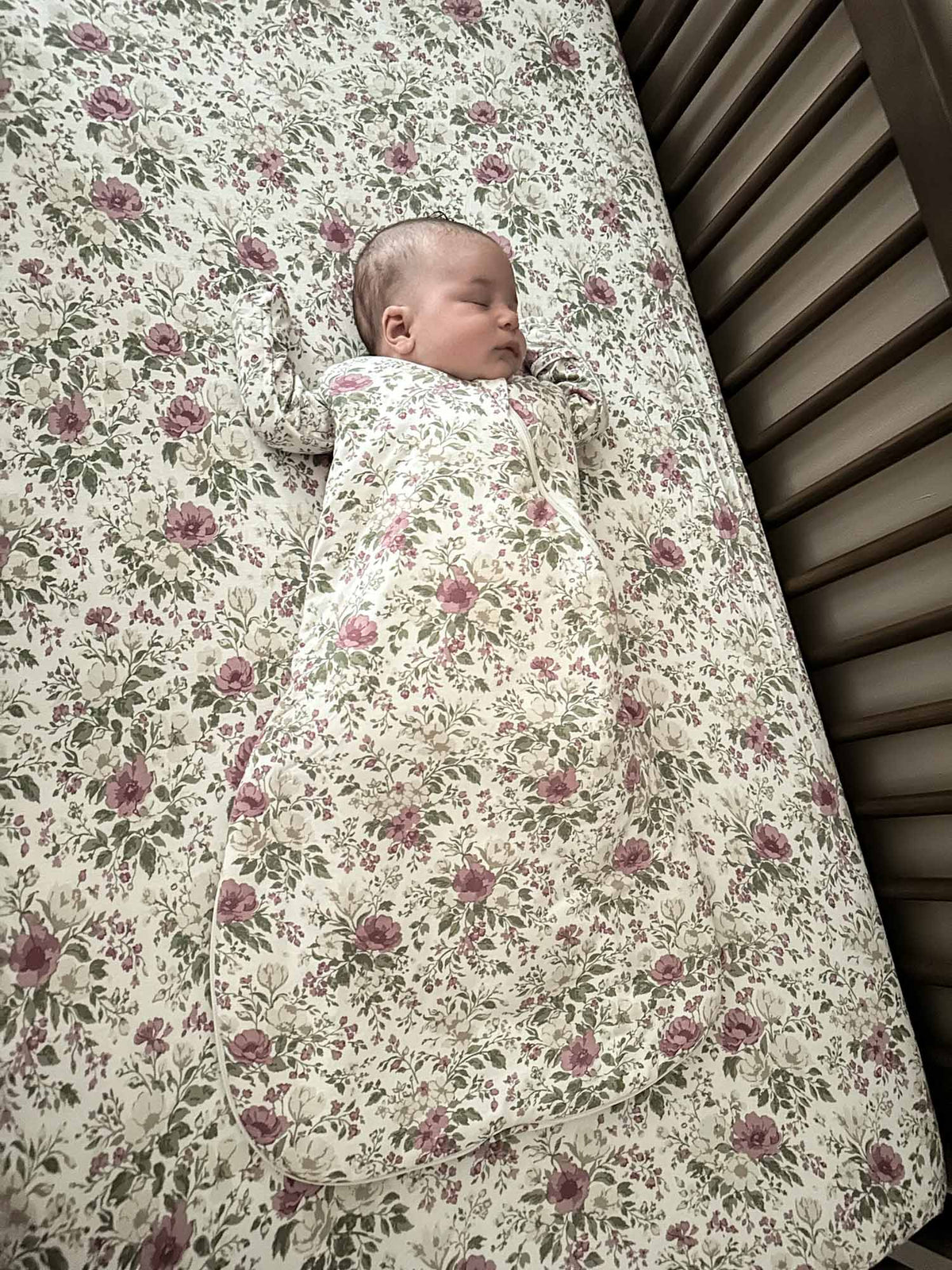 Floral swaddle sleep sack, all-over sage and mauve botanical print, long sleeves