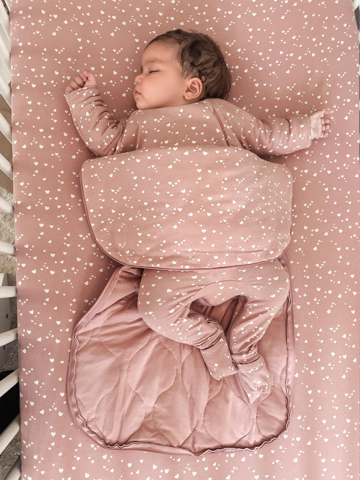 Heart-print long-sleeve swaddle sack with gathered footed hem, beige