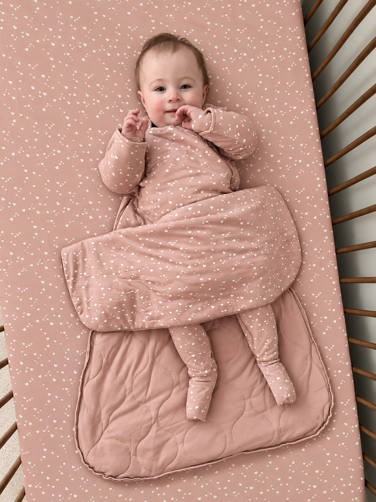 Long sleeve heart-print sleep sack, pink, padded footed design for bedtime warmth