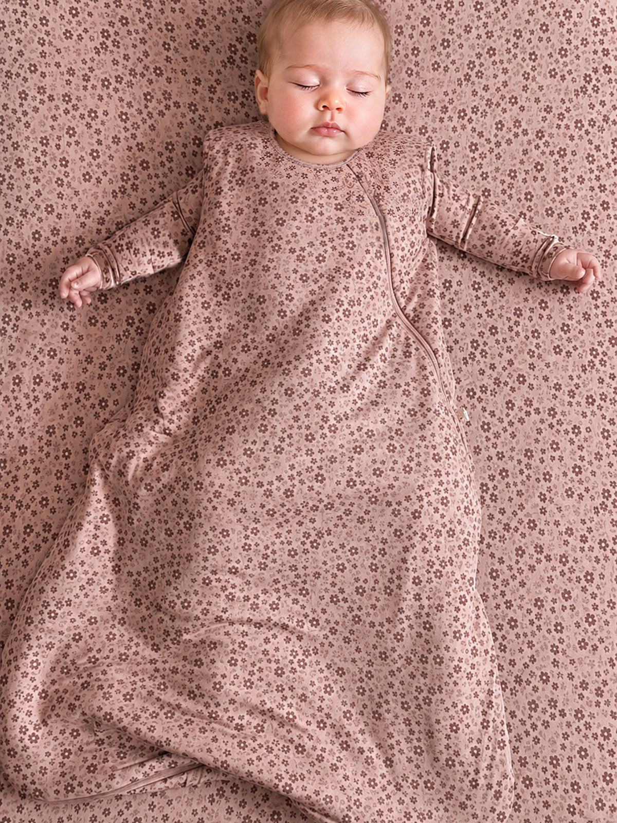 Baby sleep sack, rose floral print, zip-front, long sleeves, soft knit cuffs