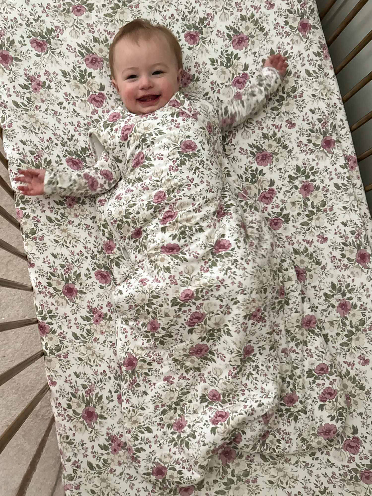 Baby sleep sack with mauve rose floral print, long sleeves, 2.5 TOG