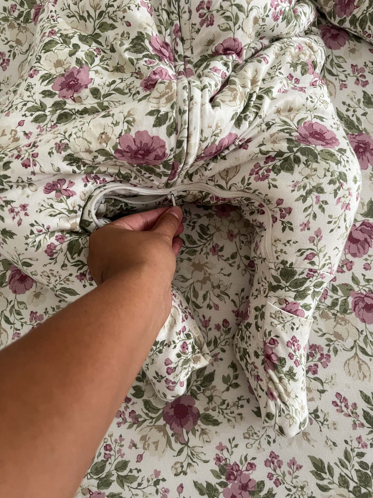 Cream floral footie sleep sack with zip front and covered feet