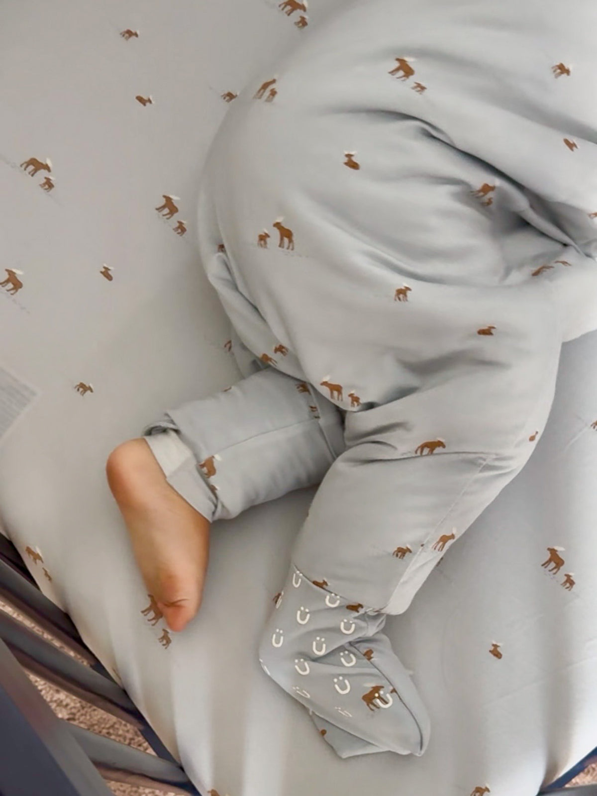 Light gray long-sleeve footed sleep sack with small moose pattern, front zipper