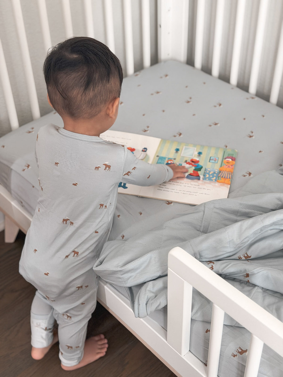 Light gray baby pajama set with moose print, long sleeves and full pants