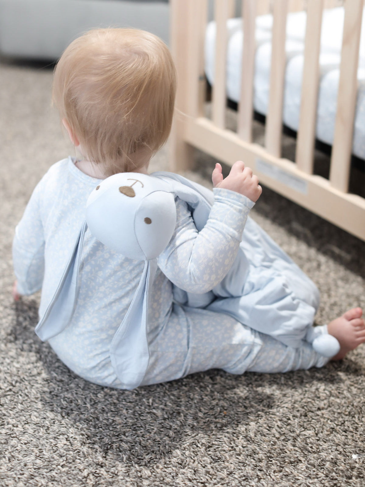 Bunny lovey blanket, light blue long-sleeve wrap with plush bunny hood on back