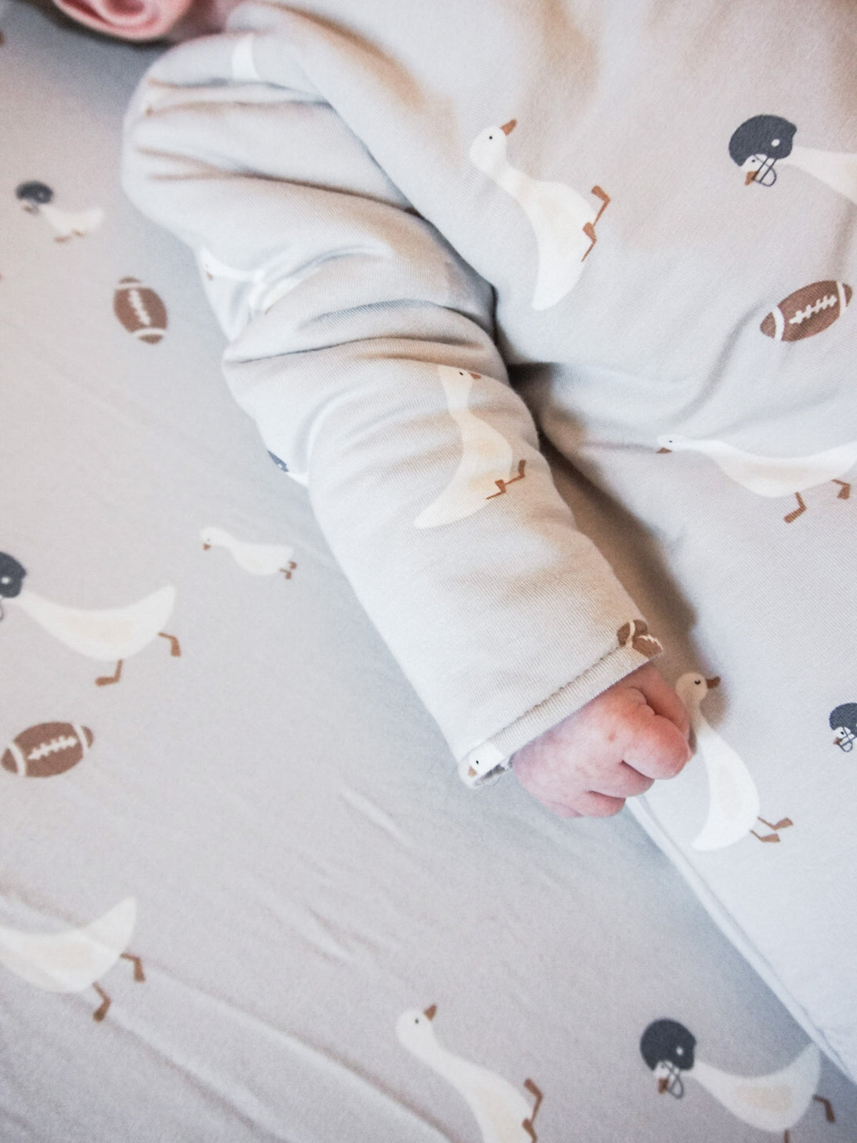 Close-up long-sleeve sleep sack in light gray with sports bird print and zipper seam.