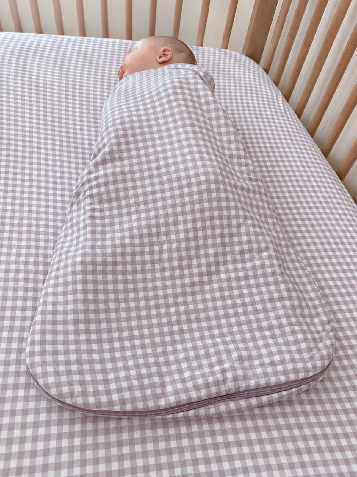 Lavender check back view swaddle sleep sack with full body coverage and ties