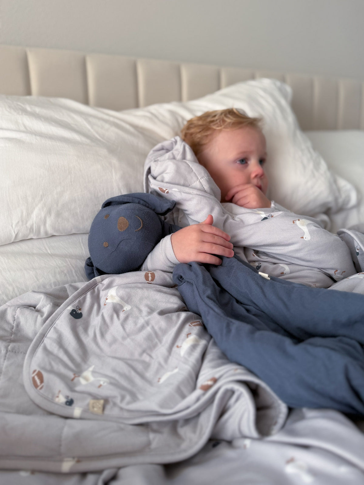 Light gray baby blanket with repeating animal-and-ball print, styled with navy accents