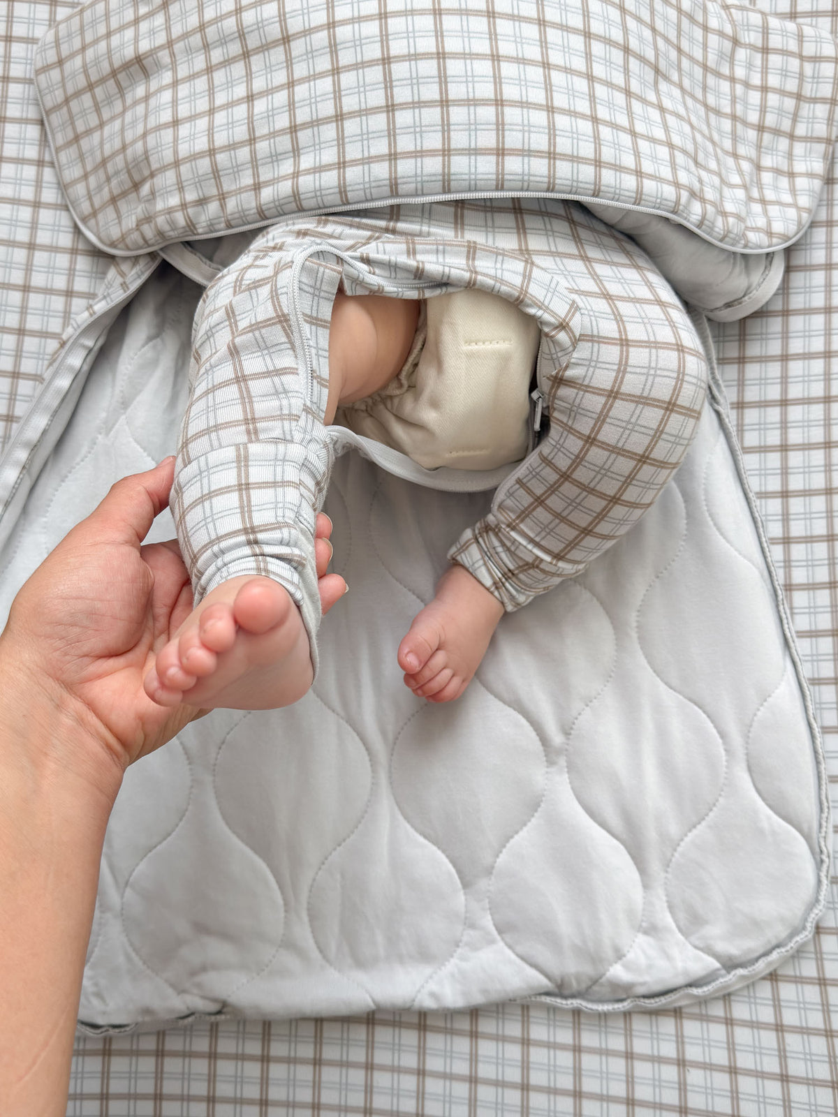 Plaid sleep sack with quilted foot lining and visible foot opening, 1.0 TOG