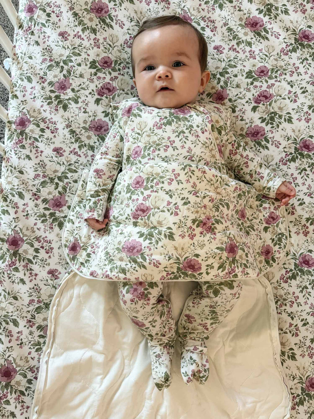 Floral baby sleep sack, 1.0 TOG, cream with pink rose print, front view